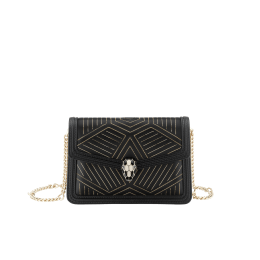 “Serpenti Diamond Blast” shoulder bag in white agate calf leather, featuring a Whispy Chain motif in light gold finishing. Iconic snakehead closure in light gold plated brass enriched with black and white agate enamel and black onyx eyes. 987-WC image 1