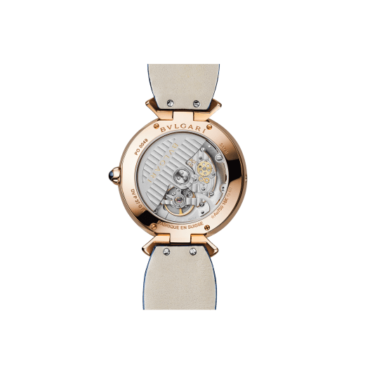 DIVAS' DREAM watch with mechanical manufacture movement, automatic winding, jumping hours and retrograde minutes (180°). 18 kt rose gold case, 18 kt rose gold bezel and fan-shaped links both set with brilliant-cut diamonds, aventurine dial with miniature painted peacock, stars and indexes in brilliant-cut diamonds, blue alligator strap 103114 image 4