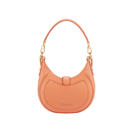 Serpenti Ellipse small crossbody bag in coral carnelian orange Urban grained calf leather with silky coral pink grosgrain lining. Captivating snakehead closure in gold-plated brass embellished with black onyx scales and red enamel eyes. 1204-UCLb image 3