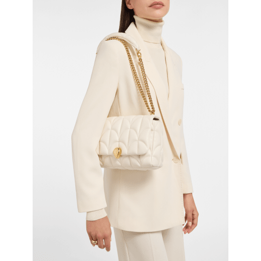 Serpenti Sugarloaf medium shoulder bag in black calf leather with a maxi Calla Matelassé motif and black nappa leather lining. Captivating snakehead magnetic closure in gold-plated brass. SSL-001-1312M image 1