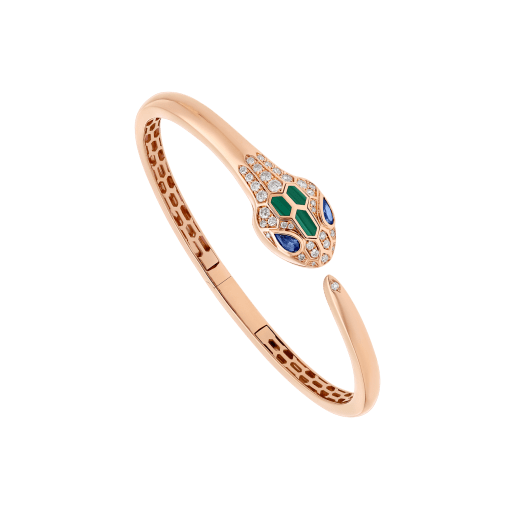 Serpenti 18 kt rose gold bracelet set with blue sapphire eyes, malachite elements and pavé diamonds. BR858586 image 1