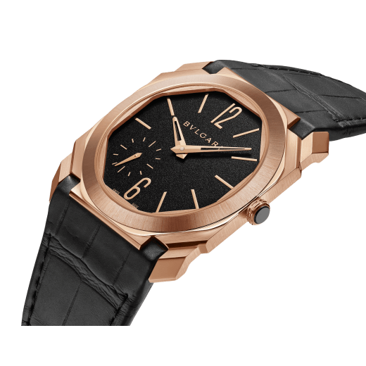 Octo Finissimo Automatic watch with mechanical manufacture movement, automatic winding, platinum microrotor, small seconds, extra-thin 18 kt satin-polished rose gold case, transparent case back, black matte dial and black alligator bracelet. Water-resistant up to 100 metres 103286 image 2