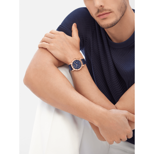 Bvlgari Bvlgari watch with mechanical automatic in-house movement, 18 kt rose gold case and bezel engraved with double logo, blue marble dial and blue alligator bracelet. Water-resistant up to 50 metres 104113 image 1