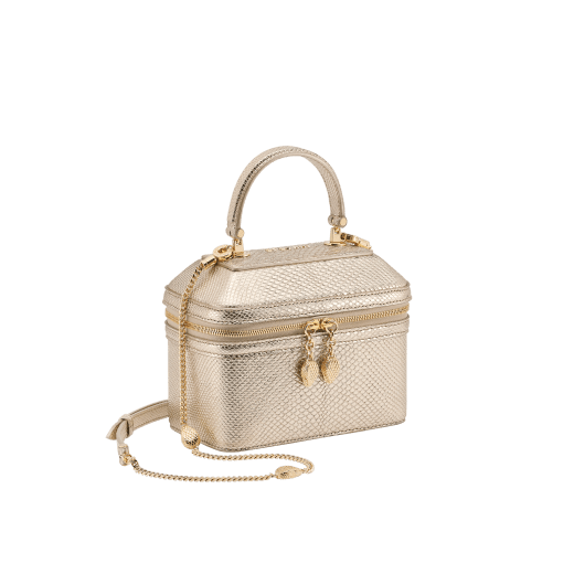 Serpenti Forever jewelry box bag in light gold Molten karung skin with black nappa leather lining. Captivating snakehead zip pullers and chain strap decors in light gold-plated brass. 1177-MoltK image 2