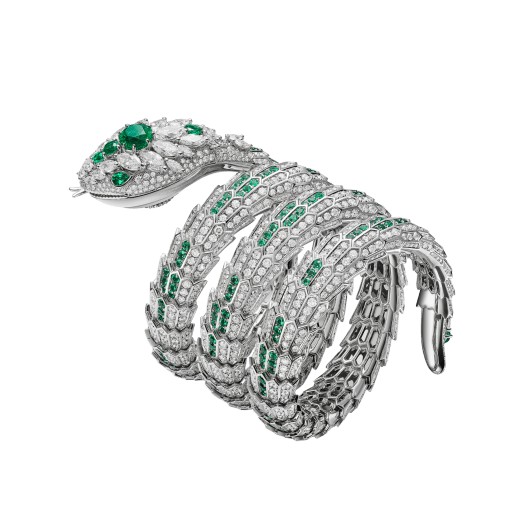 Serpenti Misteriosi Dragone High Jewellery watch with mechanical manufacture micro-movement with manual winding, 18 kt white gold case and bracelet set with diamonds and emeralds, and pavé-set diamond dial 103785 image 3