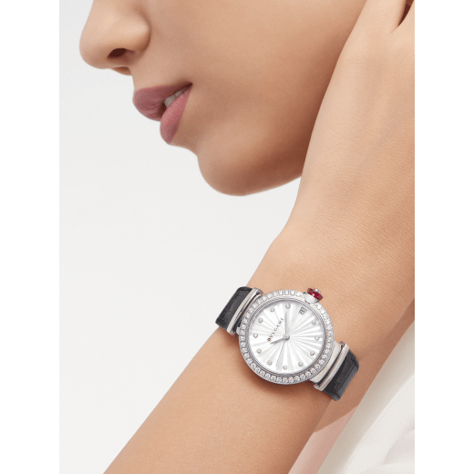 LVCEA watch with mechanical manufacture movement with automatic winding, polished stainless steel case set with diamonds, white mother-of-pearl marquetry dial, 11 diamond indexes and black alligator bracelet. Water-resistant up to 50 meters 103476 image 2