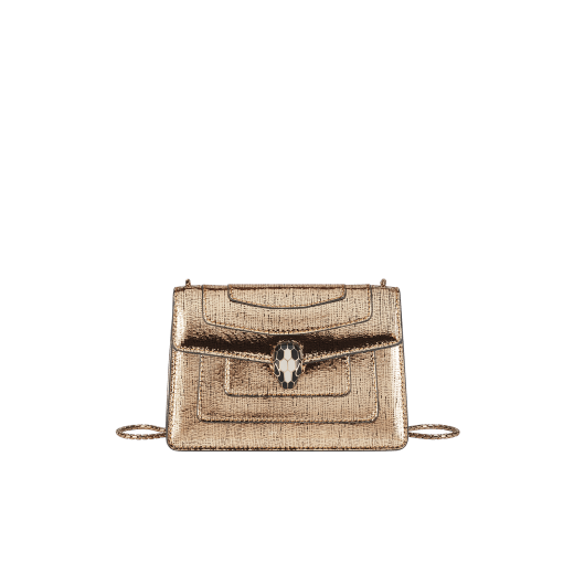 Serpenti Forever mini crossbody bag in light gold Nightbird calf leather with black nappa leather lining. Captivating snakehead magnetic closure in light gold-plated brass embellished with black and white agate enamel scales and black onyx eyes. 986-NCL image 1