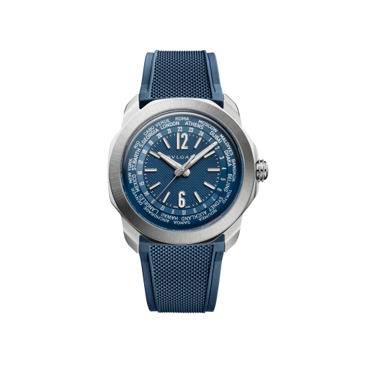 Octo Roma WorldTimer watch with interchangeable satin-polished stainless steel bracelet and additional blue rubber strap, satin-polished stainless steel case and matte blue Clous de Paris dial. Mechanical manufacture movement with automatic winding, WorldTimer, 24 time zones and 24-hour indicator. Water-resistant up to 100 metres. 103762 image 2