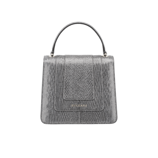 Serpenti Forever crossbody bag in charcoal diamond metallic karung skin. Snakehead closure in light gold plated brass decorated with glitter charcoal diamond and shiny black enamel, and black onyx eyes. 752-MK image 3