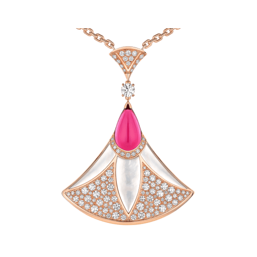DIVAS' DREAM necklace in 18 kt rose gold set with rubellites, mother-of-pearl elements and pavé diamonds Necklace with a double wearability and a detachable Bracelet 360700 image 3