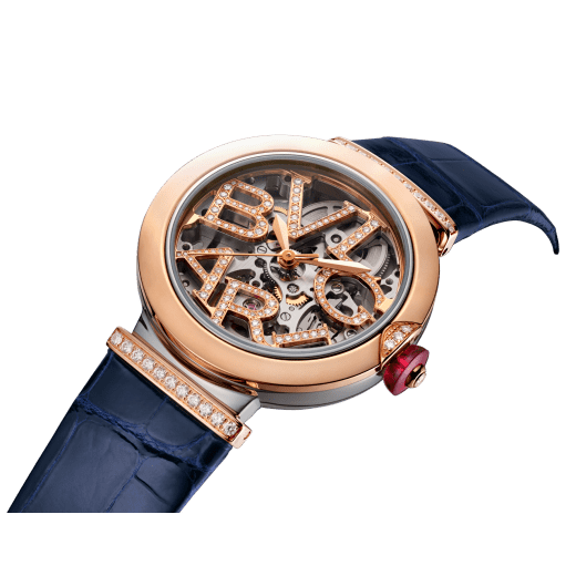 LVCEA Skeleton watch with mechanical manufacture movement, automatic winding and skeleton execution, stainless steel and 18 kt rose gold case, 18 kt rose gold openwork BVLGARI logo dial set with brilliant-cut diamonds and blue alligator bracelet with 18 kt rose gold links set with diamonds 103502 image 2