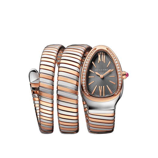Serpenti Tubogas double spiral watch with stainless steel case, 18 kt rose gold bezel set with brilliant cut diamonds, grey lacquered dial, 18 kt rose gold and stainless steel bracelet. 102680 image 1