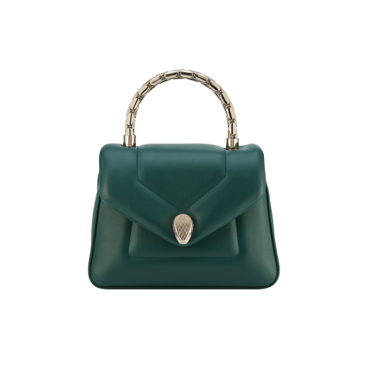 Serpenti Reverse small top handle bag in black quilted Metropolitan calf leather with black nappa leather lining. Captivating snakehead magnetic closure in gold-plated brass embellished with red enamel eyes. 1234-MCL image 5