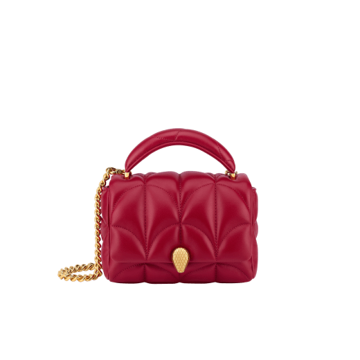 Serpenti Sugarloaf small shoulder bag in black calf leather with a maxi Calla Matelassé motif and black nappa leather lining. Captivating snakehead magnetic closure in gold-plated brass embellished with red enamel eyes. SSL-001-1316XS image 1