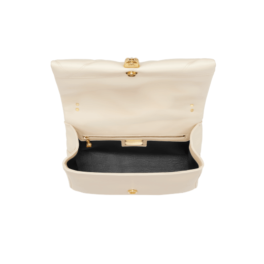 "Serpenti Cabochon" maxi chain crossbody bag in soft quilted Ivory Opal white calf leather, with a maxi graphic motif, and black nappa leather internal lining. New Serpenti head closure in gold plated brass, finished with small white mother-of pearl scales in the middle and red enamel eyes. 1166-NSM image 4