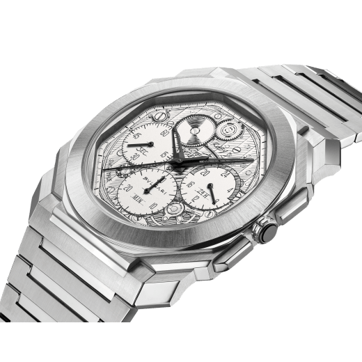 Octo Finissimo Chronograph watch with mechanical manufacture ultra-thin movement (3.30 mm thick), automatic winding, chronograph, satin-polished stainless steel case and bracelet, and silver-finished dial replicating the sketch of the movement. Water-resistant up to 100 metres. Limited Edition of 140 pieces. 104192 image 2