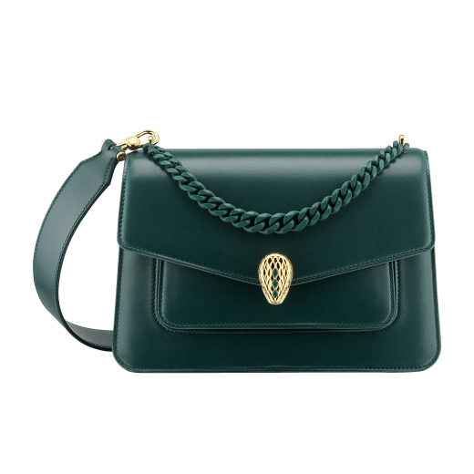 "Serpenti Forever" maxi chain crossbody bag in black nappa leather with black nappa leather inner lining. New Serpenti head closure in dark ruthenium-plated brass and finished with small black onyx scales in the middle and red enamel eyes. 1138-MCNb image 1