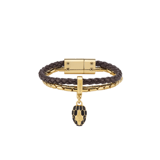 Serpenti Forever bracelet in chestnut opal braided calf leather and gold-plated brass chain with magnetic clasp closure. Captivating snakehead charm with black enamel and gold-plated scales, and black enamel eyes. SERP-BRAID-CHAIN-chestopal image 3