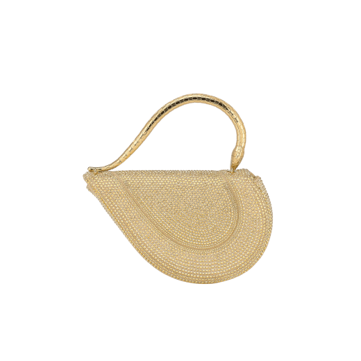 Serpenti Cuore 1968 top handle bag with gold Neige Pavé Crystals applied on a suede base and bright travertino nappa internal lining. Captivating snake body-shaped top handle in gold-plated brass embellished with engraved scales and zirconia eyes; press-button closure. 295310 image 3