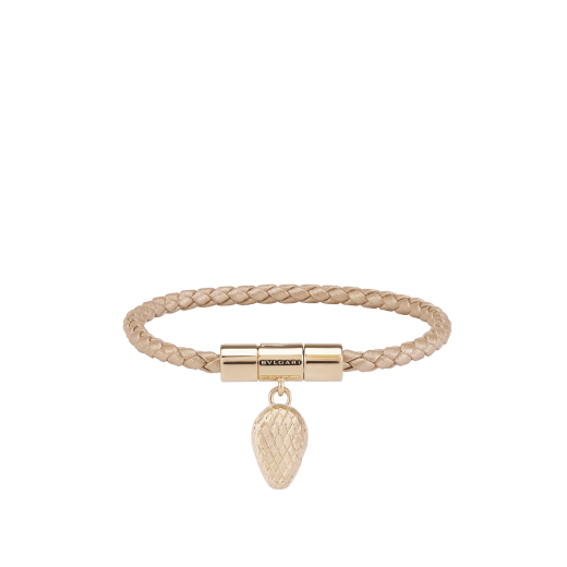 Serpenti Forever bracelet in champagne braided calf leather. Captivating light gold-plated brass snakehead charm embellished with red enamel eyes, attached to the front clasp. SERP-HERBRAID-WCL-C image 1