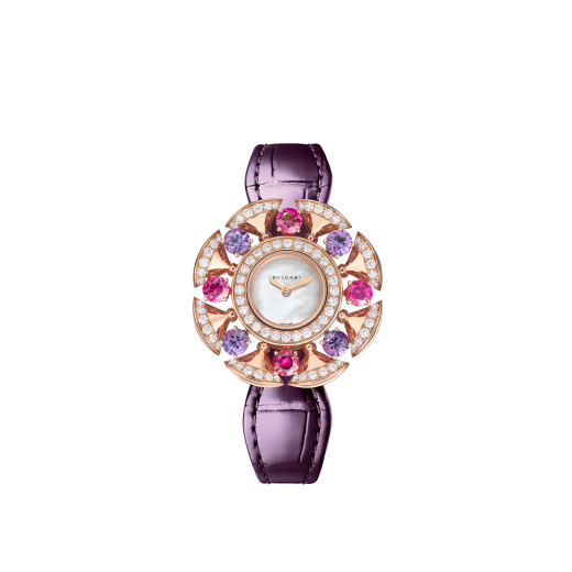 DIVAS' DREAM watch with 18 kt rose gold case set with round brilliant-cut diamonds, topazes and tanzanites, white mother-of-pearl dial and blue alligator bracelet. Water-resistant up to 30 meters. 103753 image 2