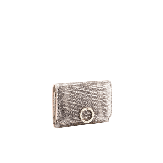 BVLGARI BVLGARI business card holder in crystal rose metallic karung skin and calf leather. Iconic logo closure clip in light gold plated brass 579-BC-HOLDER-MK image 1