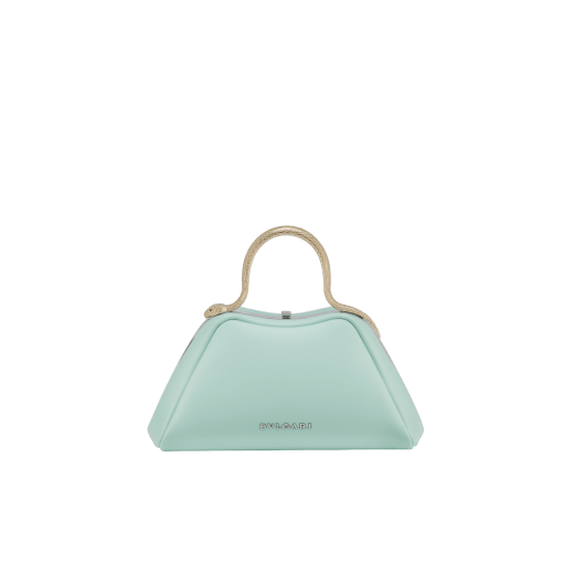 Sac à main Serpentine mini modèle en cuir de veau lisse noir avec doublure en cuir nappa vert émeraude. Poignée supérieure en forme de serpent en laiton doré, ornée d'écailles gravées et d'yeux en émail rouge. Fermoir à bouton-pression et détails en laiton doré. SRN-1291 image 3