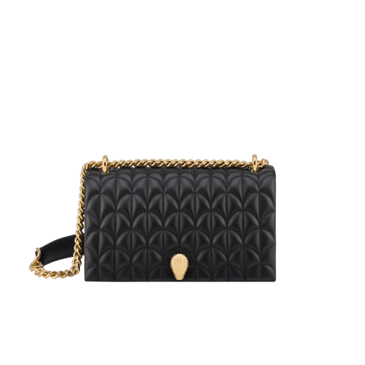 Serpenti Sugarloaf shoulder bag in black calf leather with a distinctive Calla Matelassé motif and black nappa leather lining. Captivating snakehead magnetic closure in gold-plated brass embellished with red enamel eyes. SCB-001-1295S-CALF image 4