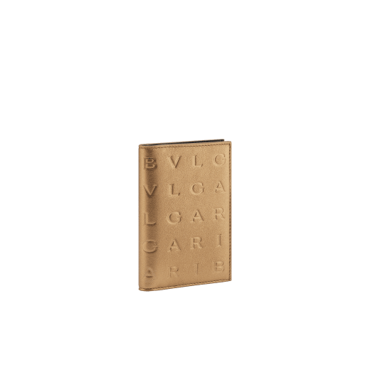 Bulgari Logo folded card holder in ivory opal calf leather with hot-stamped Infinitum pattern all over, black nappa leather interior and press-stud closure. BVL-CCHOLDERFOLD image 1