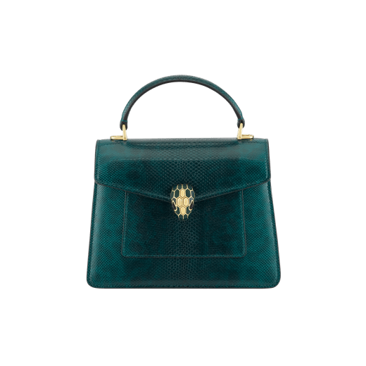 Serpenti Forever medium top handle bag in forest emerald shiny karung with black nappa leather lining. Captivating snakehead magnetic closure in gold-plated brass embellished with forest emerald enamel and gold-plated brass scales, and black onyx eyes. 295626 image 1