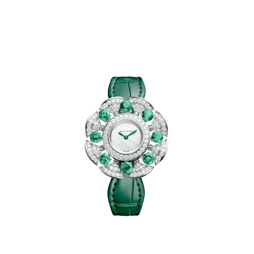 DIVAS' DREAM High Jewellery watch with 18 kt white gold case and mobile petals set with 8 brilliant-cut emeralds and round brilliant-cut diamonds, mother-of-pearl dial, and green alligator bracelet. Water-resistant up to 30 metres 103505 image 1