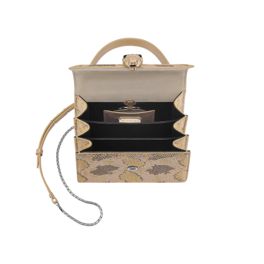 Serpenti Forever small top handle bag in natural suede with different-size crystals in various shades of gold, and black nappa leather lining. Captivating magnetic snakehead closure in light gold-plated brass embellished with "diamantatura" engraving on the scales and black onyx eyes. 292878 image 4