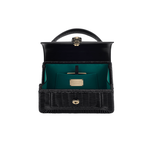 Serpenti Forever mini top handle bag in pink woven wicker with pink calf leather details and pink nappa leather lining. Captivating snakehead magnetic closure in light gold-plated brass embellished with pink enamel and light gold-plated brass scales, and gold-plated eyes. SEA-1283-W image 4