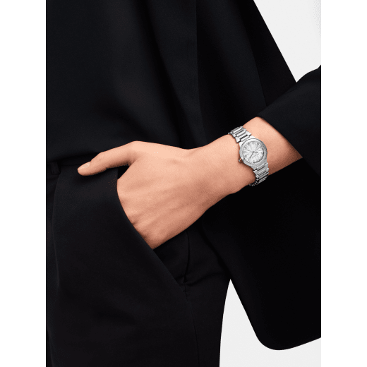 Lvcea watch in polished and satin-brushed stainless steel with white mother-of-pearl intarsio dial and 12 diamond indexes. Water-resistant up to 50 metres 103877 image 1
