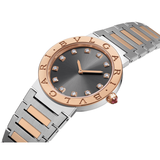 BVLGARI BVLGARI LADY watch with stainless steel case, 18 kt rose gold bezel engraved with double logo, grey lacquered dial, diamond indexes, and stainless steel and 18 kt rose gold bracelet. 103067 image 3