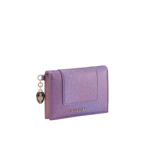 Serpenti Forever bifold card holder in Niagara sapphire blue metallic karung skin with Niagara sapphire blue calf leather interior. Captivating dark ruthenium-plated brass snakehead charm embellished with matte black enamel scales and black enamel eyes. SEA-CC-HOLDER-FOLD-MKa image 1