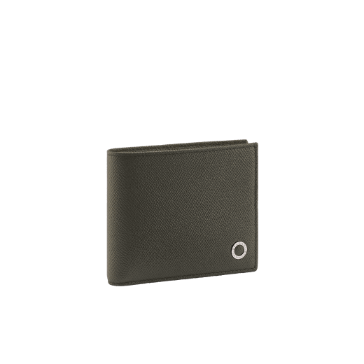 BULGARI BULGARI Man hipster compact wallet in mimetic jade green grained calf leather with sun citrine yellow grained calf leather interior. Iconic palladium-plated brass embellishment and folded closure. BBM-WLT-HIPST-8Ca image 1