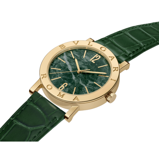 Bvlgari Bvlgari 50th Anniversary Limited Edition watch with mechanical automatic in-house movement, 18 kt yellow gold case and bezel engraved with BVLGARI ROMA logo, Verde Alpi green marble dial and dark green alligator bracelet. Water-resistant up to 50 metres 104112 image 2