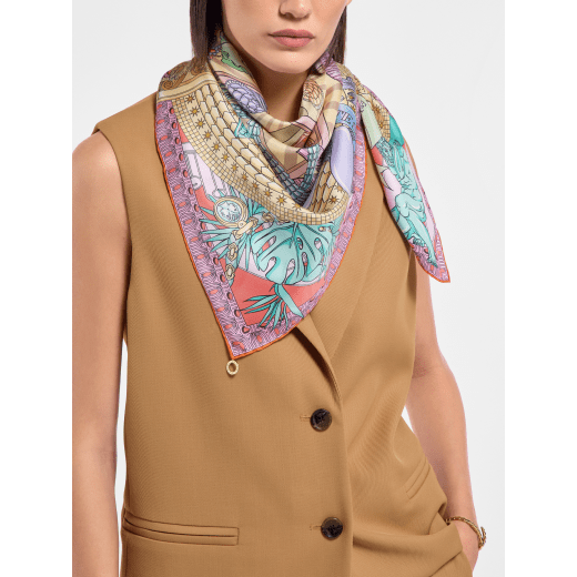 Bvlgari Curiosity scarf in fine gold silk with a BVLGARI BVLGARI metal pendant. Made of 100% silk. BULGARICURIOSITYSQ image 1