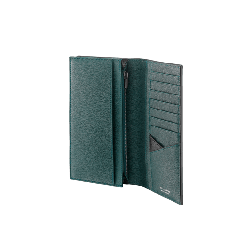 BULGARI BULGARI Man large yen wallet in black Urban grain calf leather with forest emerald green Urban grain calf leather interior. Iconic dark ruthenium plated-brass décor enamelled in matte black, and folded closure. BBM-WLTYENASYMa image 2