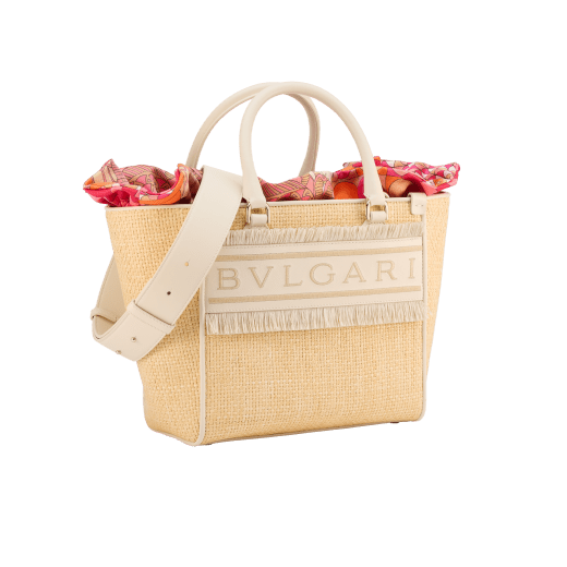 Bulgari Logo medium tote bag in beige raffia with ivory opal calf leather details, beige raffia fringes and beetroot spinel fuchsia nappa leather lining. Iconic Bulgari logo stitched motif, detachable satin satchel with multicoloured print outside and beetroot spinel fuchsia inside, and drawstring closure with captivating snakeheads in light gold-plated brass. 292073 image 2