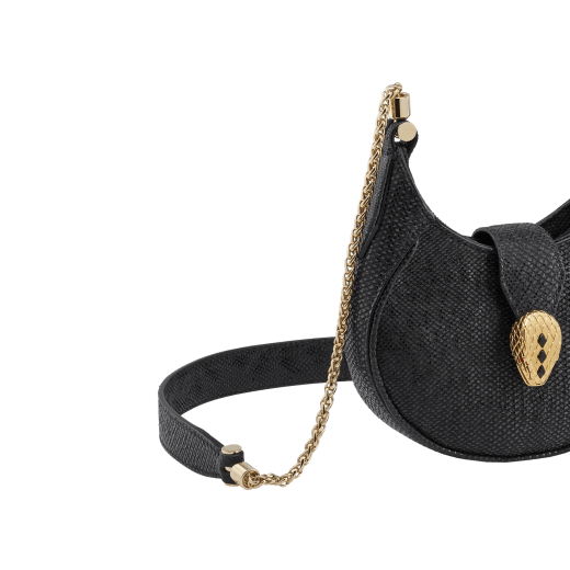 Serpenti Ellipse micro crossbody bag in moon silver black metallic karung skin with black nappa leather lining. Captivating snakehead closure in gold-plated brass embellished with red enamel eyes. SEA-MICROHOBOa image 5