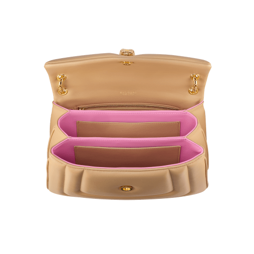 Serpenti Reverse medium shoulder bag in Sahara amber light brown quilted Metropolitan calf leather with taffy quartz pink nappa leather lining. Captivating snakehead magnetic closure in gold-plated brass embellished with red enamel eyes. 1223-MCL image 4