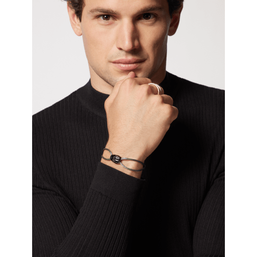 "Serpenti Forever" bracelet in Mimetic Jade green fabric with a dark ruthenium-plated brass tempting snakehead décor enamelled in black, with seductive black enamel eyes. SERP-STRINGb image 4