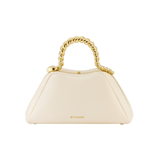 Geraldine Guyot x Bvlgari Serpentine small top handle bag in chestnut opal nubuck leather with chestnut opal nappa leather lining. Reimagined snake body-shaped top handle in gold-plated brass with press-button closure. SRN-001-1268S-GG image 2