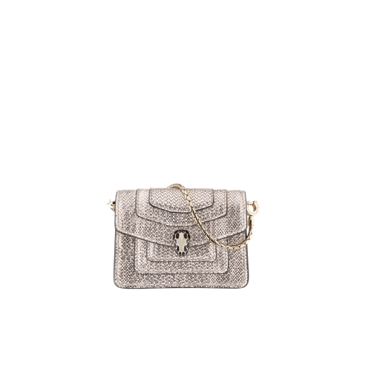 Bag charm Serpenti Forever miniature in milky opal metallic karung skin, with sea star coral calf leather lining. Iconic brass light gold plated snakehead stud closure enameled in black and glitter milky opal and finished with black enamel eyes. SERP-BAG-CHARM-MK image 1