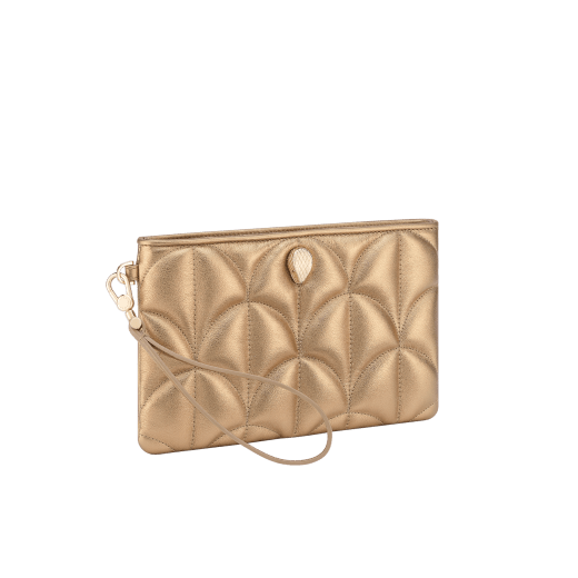 Serpenti Sugarloaf clutch in antique gold calf leather with a distinctive Calla Matelassé motif and Bright Travertino nappa leather interior. Captivating snakehead rivet in light gold-plated brass embellished with red enamel eyes; zip closure. 294416 image 1
