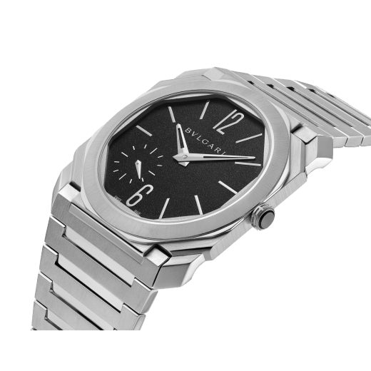 Octo Finissimo Automatic watch with mechanical manufacture movement, automatic winding, platinum micro rotor, small seconds, extra-thin satin-polished stainless steel case and bracelet, transparent case back and black matte dial. Water-resistant up to 100 meters. 103297 image 2