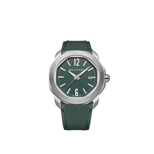 Octo Roma watch in satin-brushed and polished stainless steel with additional interchangeable green rubber strap and green Clous de Paris dial. Mechanical manufacture movement with automatic winding. Water-resistant up to 100 metres. 104091 image 6
