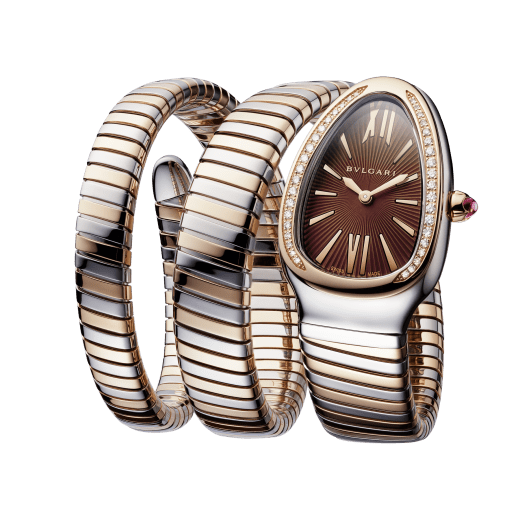Serpenti Tubogas double spiral watch with stainless steel case, 18 kt rose gold bezel set with brilliant-cut diamonds, brown dial with guilloché soleil treatment, stainless steel and 18 kt rose gold bracelet 103070 image 2